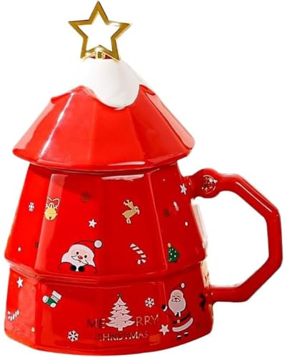 MAGICVOGEL Keramik Weihnachtstasse Niedliche 3D Weihnachtsbaum Form Kaffeebecher Weihnachtsbecher mit Rührstab Süße Kaffeetasse Geschenk für Weihnachten Geburtstag Neujahr (Rot)