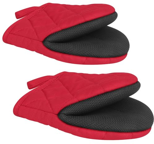 1 Pair Short Oven Mitts, Silicone Kitchen Oven Mitts Mini Heat Resistant for 500 Degrees, with Non-Slip Grip Surfaces and Hanging Loop, Oven Gloves for Baking, Cooking,Grilling Barbecue (Red)