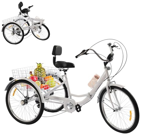 Fridgestea 24 Zoll Dreirad für Erwachsene, 3 Räder 7-Gänge Fahrrad Klappbar, Trike Faltbar mit Halterung für Wasserflasche, Erwachsenendreirad mit Vorderlicht, Korb, Doppelbremsen (Weiß)