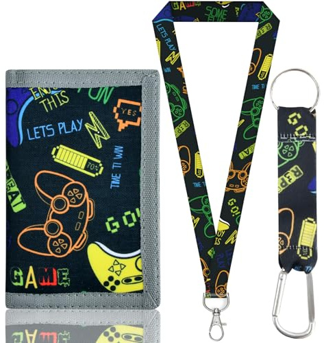 Amexo Cartera para Niños, Trifold Billeteras con Cordón Carteras Infantiles Monedero Niños Billetero Plegable para Tarjeta Moneda Billete (Negro: Mango de Consola de Juegos)