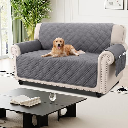 H.Versailtex 100% Waterproof 2 Seater Sofa Slipcovers with Side Pocket - Washable Sofa Seat Covers for Living Room Pet Couch Cover (Grey)