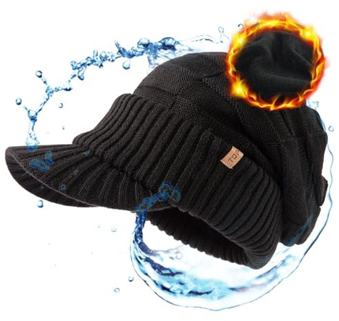 TOP-EX Wintermütze für Herren und Damen,100% Merino Strickmütze mit Visier und Fleecefutter,lässig, wasserdicht und warm, ideal für Wandern und Outdoor, Schwarz, M/L