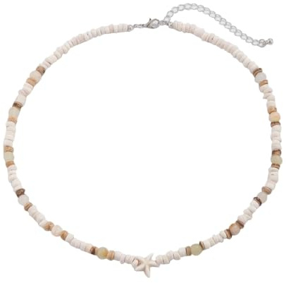 Tata Gisèle Collier Fantaisie pour Homme en Perles de Coquillage et Coco, Pendentif Etoile de Mer, Bijou Masculin Fashion Tendance Bohème Estival Eté Summer Mode, Blanc Beige, 47/55 cm
