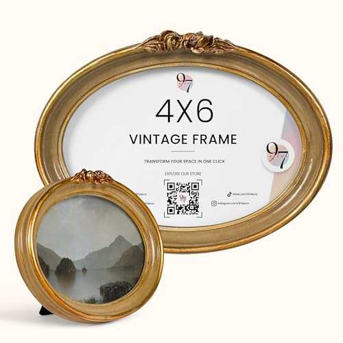 97 Decor Vintage Oval Picture Frame 4x6 - Gold Oval Frame 4x6, Elegant Ornate Frames 4 By 6, Antique Looking Picture Frames 4 X 6 With Glass Front For Tabletop And Wall Hanging, Victorian Wall Decor
