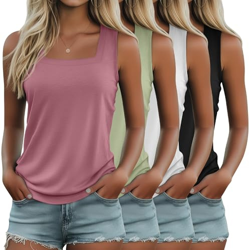 Riyiper 4 Pack Women's Summer Tank Tops | Sleeveless Shirts, Loose Fit, Square Neck Tanks, Multipack, Solid Color, Athletic Wide Straps, for S-XXL