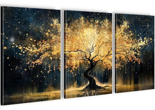 Runa Art Skog 3 Delar Väggdekoration Vardagsrum Sovrum Kontor 20 x 30 cm - 3 bilder Guldgul Guldträd 056930a