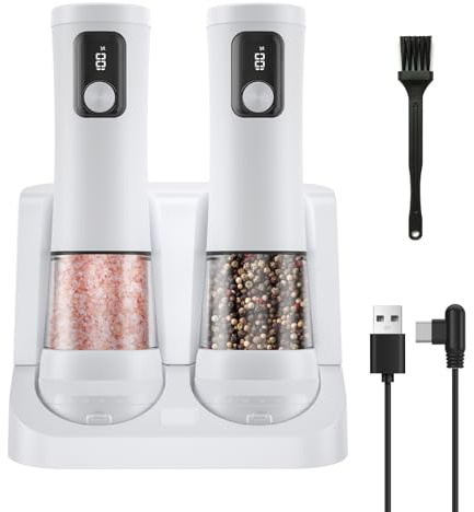 Electric Salt and Pepper Grinder Set,2 Pack Rechargeable Automatic (White) | Pepper Mill, with Charging Base,5-Level, Display, LED Lighting,Large Capacity, Kitchen Gifts