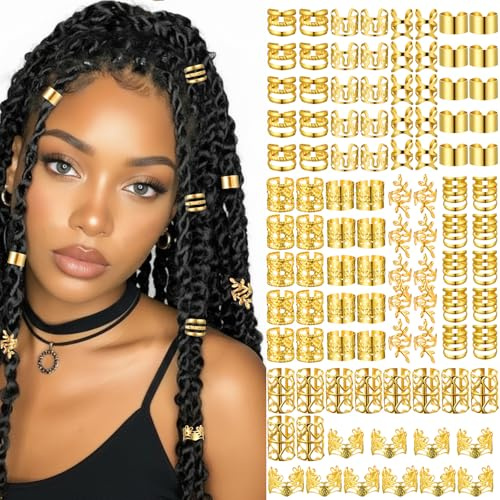 Ouligay 100 Stück Gold Haarschmuck für Zöpfe, Dreadlocks Schmuck Goldener Pirat Haarschmuck Verstellbarer Piraten Schmuck Gold Haarringe für Zöpfe Hair Jewelry for Braids Männer Frauen Mädchen Jungen