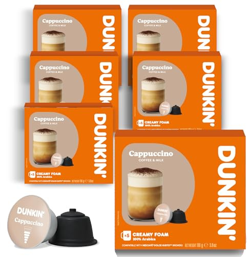 Dunkin' Donuts Cappuccino – 60 capsules de café | compatible avec les machines Dolce Gusto | Cappuccino instantané | Crémeux, doux et équilibré | Goût DUNKIN original, fabriqué en Italie