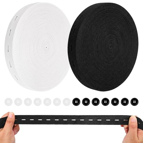 Notoke 2 rollos de goma elástica con ojales para botones, cinta de costura plana de 2 cm de ancho, con botones, goma elástica para pantalones, cinta para la cabeza, costura DIY, ropa y cinturón (negro