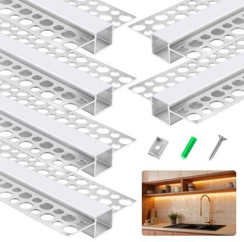Plaster-in LED Profile, 6 Pack 1M/3.3ft LED Aluminium Channel with Milky Diffuser, Fits LED Strips up to 13mm Wide, Double Flange Trimless Recessed Plasterboard LED Strip Channel for Ceiling Wall