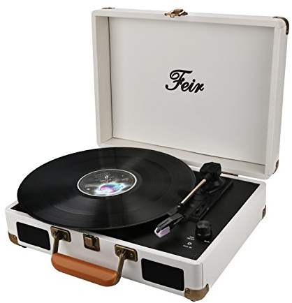 Feir Vinyl Stereo Vit Skivspelare 3 Hastigheter Bärbar Skivspelare Resväska Inbyggd 2 Högtalare RCA Linje Out AUX Hörlursuttag PC-inspelare