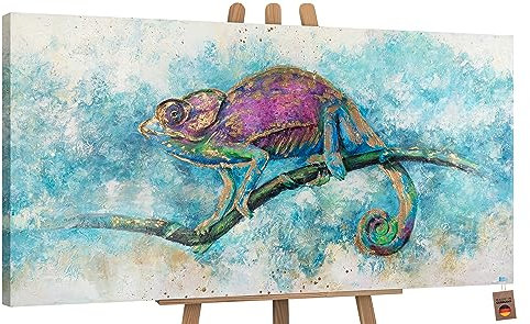 YS-Art XXL Abstrakt Acryl Gemälde auf Leinwand Leguan handgemalt Wandbilder blau grün violette Wohnzimmer modern Wohndekor Bilder Büro echte Kunst 120x60 cm