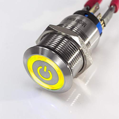 Metzler - Druckschalter 19mm - LED Symbol Power Gelb - IP67 IK10 - Edelstahl - Flach - Lötkontakte