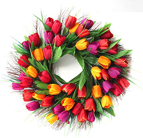 Door Wreath, Artificial Flowers Tulip Wreath - Four Seasons Front Door Decor with Tulip and Green Leaves, for Front Door Living Room Wall Garden Wedding Festival Decor(45cm, Red)