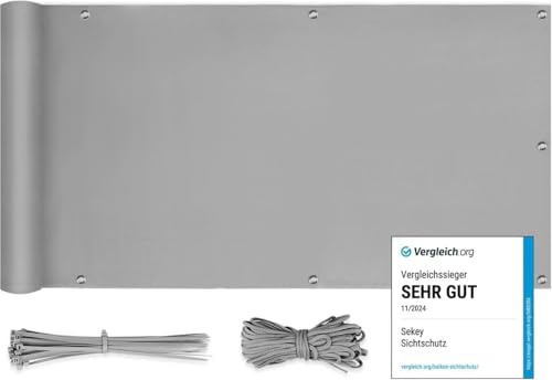 Sekey Balkonginsynsskydd balkongskydd ogenomskinligt vind- och UV-skydd, 100 % integritet, med öljetter, buntband av nylon och snöre, ljusgrå 0,75 × 6 m