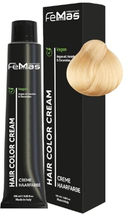 FemMas Hårfärg, ljusblond, guld 10,3, professionell färgkräm med arganolja, keratin och ceramider, permanent färg eller toning, strålande resultat, 100 ml