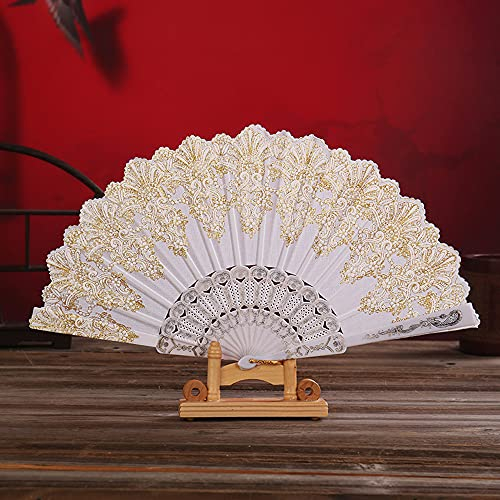 Handfächer Stofffächer,Vintage Faltfächer Chinesischer Stoff Fächer Faltfächer für Abkühlung im Sommer Hochzeit Geschenk Muttertag Party Kostüm Halloween Karneval Fasching Tanzen Hand Fan,Weiß