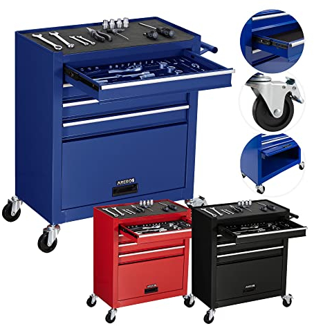 Arebos Werkstattwagen Blau | 4 Schubladen inkl. 81-TLG. Werkzeug + großes Fach | inkl. Antirutschmatten | kugelgelagerte Schubladen | Transportsicherung | 2 Rollen mit Feststellbremse