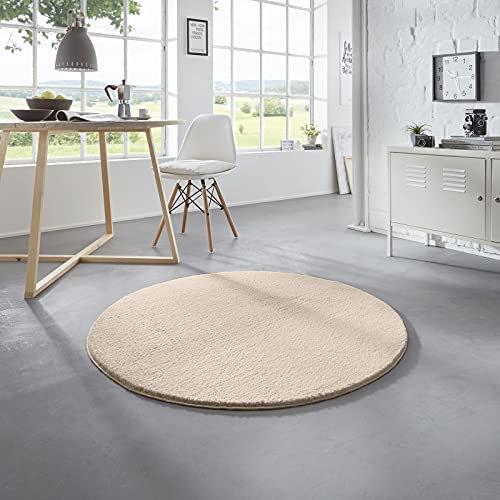 Taracarpet Waschbarer Flauschiger Uni Kurzflor Teppich, Anti-Rutsch, Felloptik, Super Soft Creme 080 cm rund