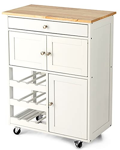 TANGZON Kitchen Storage Trolley on Wheels, Rolling Kitchen Island with 3-Tier Wine Rack, Rubber Wood Worktop, Cabinets & Drawer, Utility Serving Cart for Home Bar Living Dining Room (White)