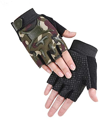 Kinder-Halbfinger-Mountainbike-Handschuhe, Rennradhandschuhe, atmungsaktiv, rutschfest, Trainingshandschuhe, Rollschuhlaufen, Sporthandschuhe, Handschuhe für Jungen und Mädchen (L für 8-12Y, Camo)