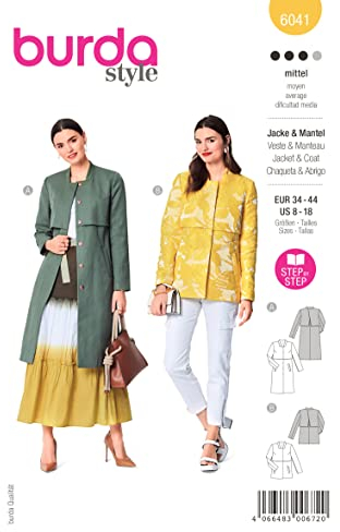 Burda Style Katalog-Schnittmuster Mantel und Jacke mit eckigem Kragen | Damen, Gr. 34-44 | Nählevel: Mittel #6041