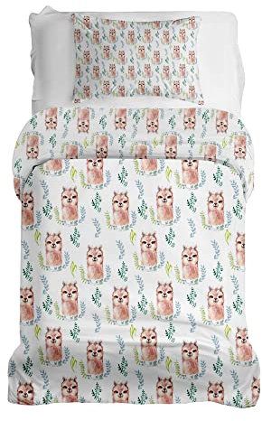 Gravity Kinder Bettwäsche Set Gewichtsdecke Bezug aus Baumwolle Schlaufen Bezugssystem Deckenezug 135x200cm und Kissenbezug 40x40cm für Kinder/Jugendliche Lama Blätter Comic weiß braun