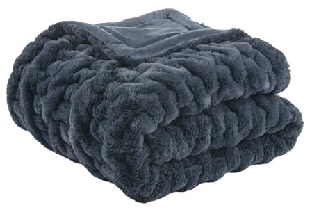 Madison Park Ruched Luxury Throw Premium Soft Cozy Brushed Long Faux Fur For Bed, Couch or Sofa, 50x60, Slate Blue