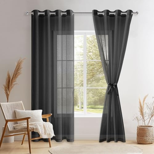 DWCN 2er Set Sheer Voile Vorhänge mit Ösen Transparente Gardinen mit Vorhang-Krawatten für Wohnzimmer, Schwarz, 215x140cm(HxB)