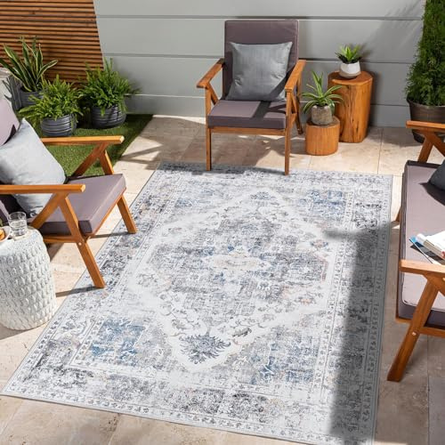 TOPICK Vintage Kurzflor waschbar faltbar Teppich Wohnzimmer 150x213 Grau | Orientalisch Teppich rutschfest Schlafzimme faltenfrei dünn antirutschunterlage Teppich Esszimmer Carpet Living Room Bedroom