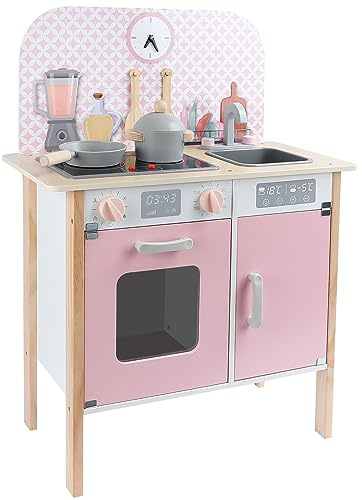 Leomark cucina per bambini in legno, giocattolo per bambini, gioco con accessori dai 3 anni, forno, lavello, orologio, pentole, cucine per Chef, Menfi colore Rosa 60x29,5x81(A) cm