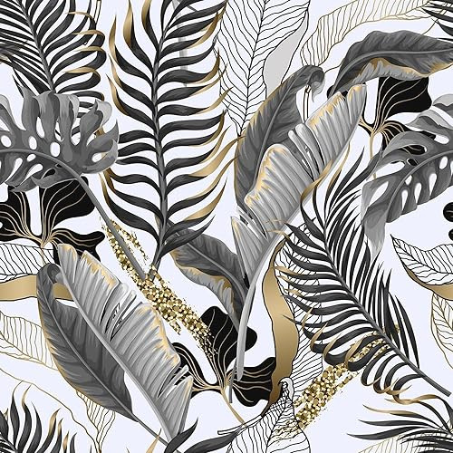MuralPeel Papier peint noir et blanc doré avec feuilles de palmiers tropicaux - Facile à décoller - Papier peint autocollant amovible pour armoire de cuisine