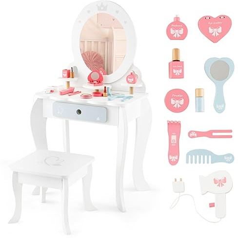 COSTWAY Toeletta Trucco 2 in 1 per Bambina, Specchiera Staccabile per Ragazza in Legno con Sgabello, Cassetto, Ripiani e Giocattoli, Postazione Trucco per 3 Anni, 50 x 34 x 93 cm, Bianco