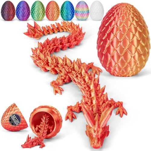 Merrwon 3D-tryckt drake (28,5 cm) med drakägg – kreativ leksak, present och dekoration, laserröd