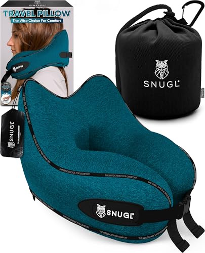 SNUGL Nackenkissen Memory Foam Waschbar & Verstellbar | Kuscheliges Nacken Reisekissen Für Flugzeug, Auto & Unterwegs | Reise-Kissen Nackenhörnchen, Neck Travel Pillow (Türkis, Erwachsener Klein)