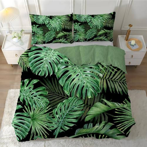 Linfye Bettwäsche 135x200 cm Grüne Palmenblätter, Schwarz, 2 Kissenbezüge | Schwarze Kinderbettwäsche als Dschungel Bettwäsche-Set mit grünen tropischen Pflanzen, weich, hautfreundlich & pflegeleicht