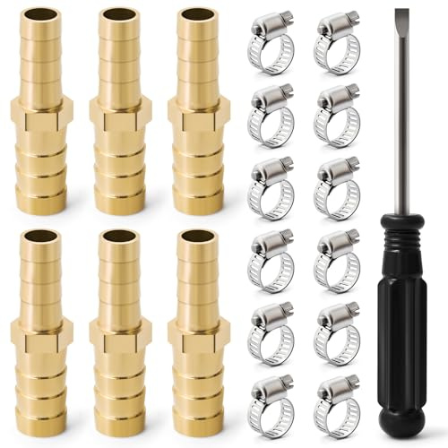 Josaton Straight Brass Barb Fitting Reducer 6Pcs Barb Splicer Fit Hose ID 10mm to 8mm with 12Pcs Clamps for Air Gas Water Fuel