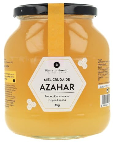 PLANETA HUERTO | Miel Cruda de Azahar 1 Kg, Miel Natural y Artesanal de Alta Pureza - Miel Cruda Sin Filtrar ni Pasteurizar, Origen España con Elevada Concentración de Néctar de Flores de Cítricos