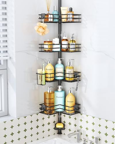 HapiRm Corner Shower Caddy Organizer - Shower Organizer Corner with Soap Holder, Toothbrush Holder and 4 Hooks, Rustproof Bathroom Shelf Tension Pole Available for 27.6 to 108.3 Inch - Black
