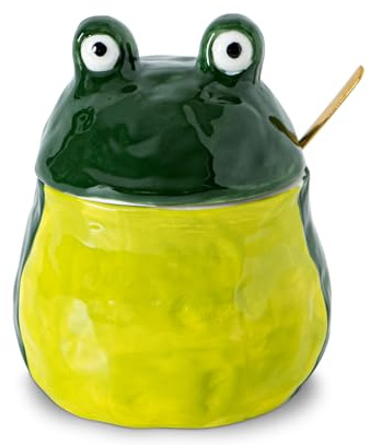 dgudgu Ceramic Frog Salt Cellar With Lid Sugar Bowl Container Seasoning Jar | Green ceramic frog sugar bowl and seasoning jar with cute frog lid and copper-plated stainless steel spoon.