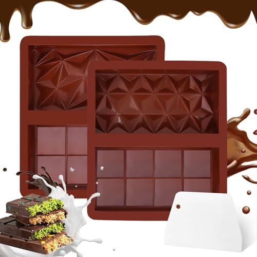 Silicone Chocolate Mould, 2 Pieces Dubai Chocolate Mould, Deep Chocolate Bar Mould with 1 Scraper and 100 Bags, Deep Diamond Chocolate Mould for Chocolate, Sweets, Praline Baking