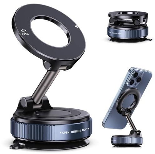 Jikasho Vacuum Magnetic Car Phone Holder for Magsafe, Hands-Free 360° Adjustable Suction Cup Phone Mount for Car/Gym/Mirror/Smooth Surface, Compatible with iPhone & Android (Black)