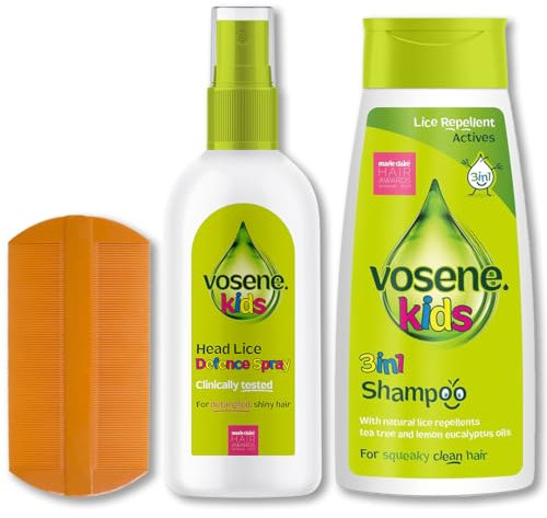 Vosene Kids Head Lice Prevention Bundle, Advanced Defence Conditioning Spray, 3-in-1 Lice Repellent Shampoo & Nit Comb, Perfect for Kids and Families, Citronella, Tea Tree & Lemon Eucalyptus