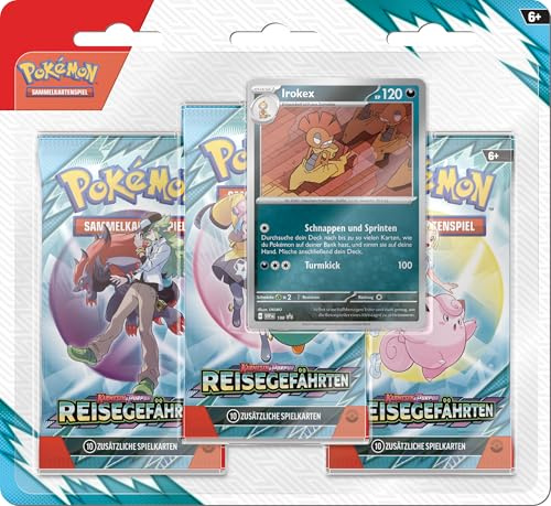 Pokémon-Sammelkartenspiel: 3er-Pack-Blister Karmesin & Purpur – Karmesin & Purpur – Reisegefährten: Irokex (3 Boosterpacks & 1 holografische Promokarte)