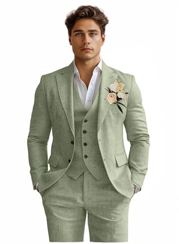 Costume de smoking 3 pièces en lin pour homme - Coupe ajustée - Pour la plage, les mariages, les affaires, le marié et le bal