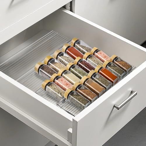 Spice Drawer Organizer, 4 Tier Clear Acrylic Drawer Seasoning Organizer Rack, Kitchen Seasoning Jars Drawers Insert, Expandable 11 to 22 Spice Rack Tray for Cabinet/Countertop (Jars Not Included)