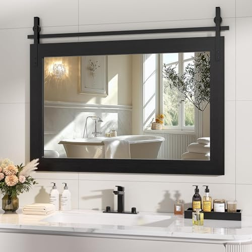 Hasipu Farmhouse Badezimmerspiegel, 120 x 80 cm Rustikaler Wandspiegel mit Holzrahmen, schwarzer Vintage-Schminkspiegel, Scheunentür-Stil, dekorative Spiegel