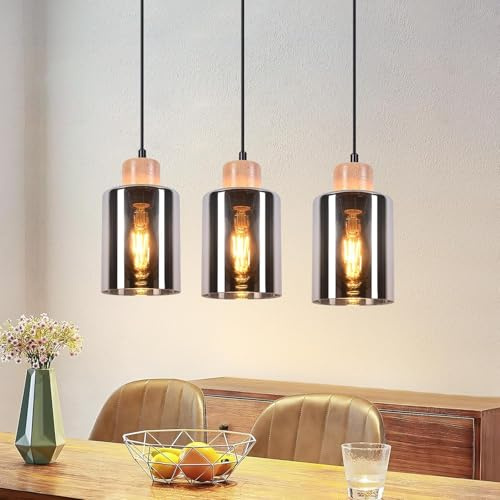 Kowanie Pendelleuchte Holz Hängelampe esstisch: Esszimmerlampe 3 flammig | retro Esstischlampe hängend E27 Fassung Hängeleuchte Höhenverstellbar aus Glas Pendellampe für Esszimmer - Ohne Leuhctmittel