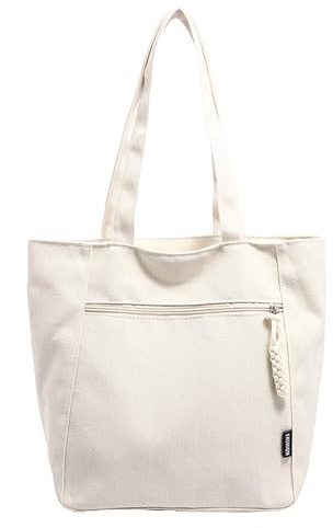 deegbbyi Tragetasche Damen, tote bag canvas mit Reißverschluss, Beige | Canvas Satchel, Canvas Shopper Schultertasche, Bag Schultertasche, Handtasche für Büro Reisen Einkaufen Schule und Alltag